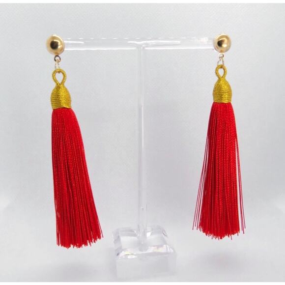 Express Gold Caged Red Roped Tassel Earrings Twee Retro Glam - Picture 2 of 4